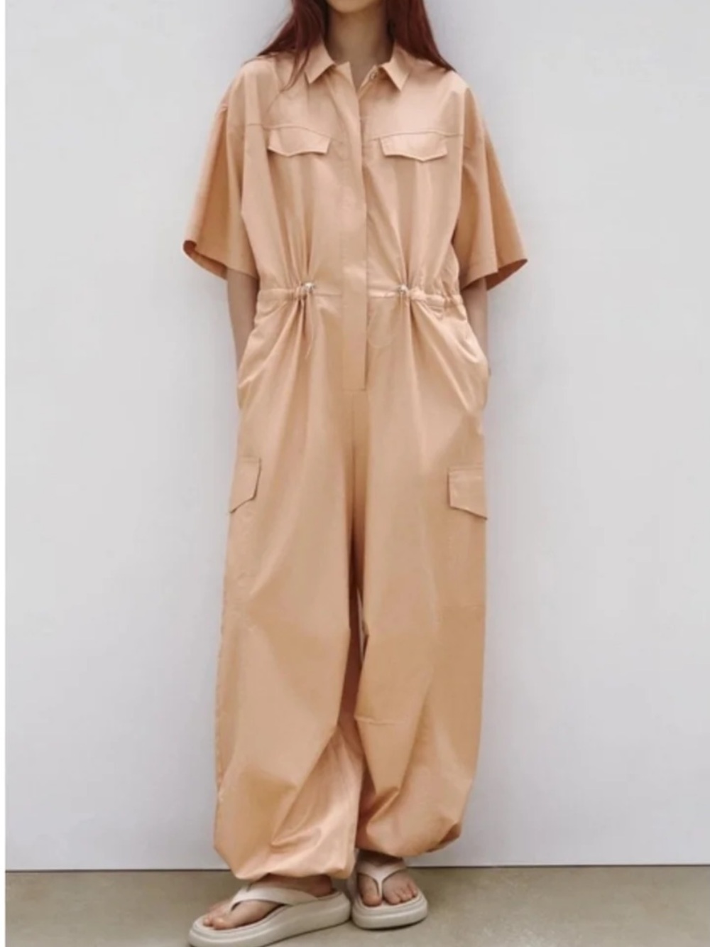 Zara Gabardine Tan Utility Cargo Oversized Fit Jumpsuit Women’s Large
